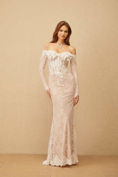 Carmen White Embellished Floral Lace Maxi Dress