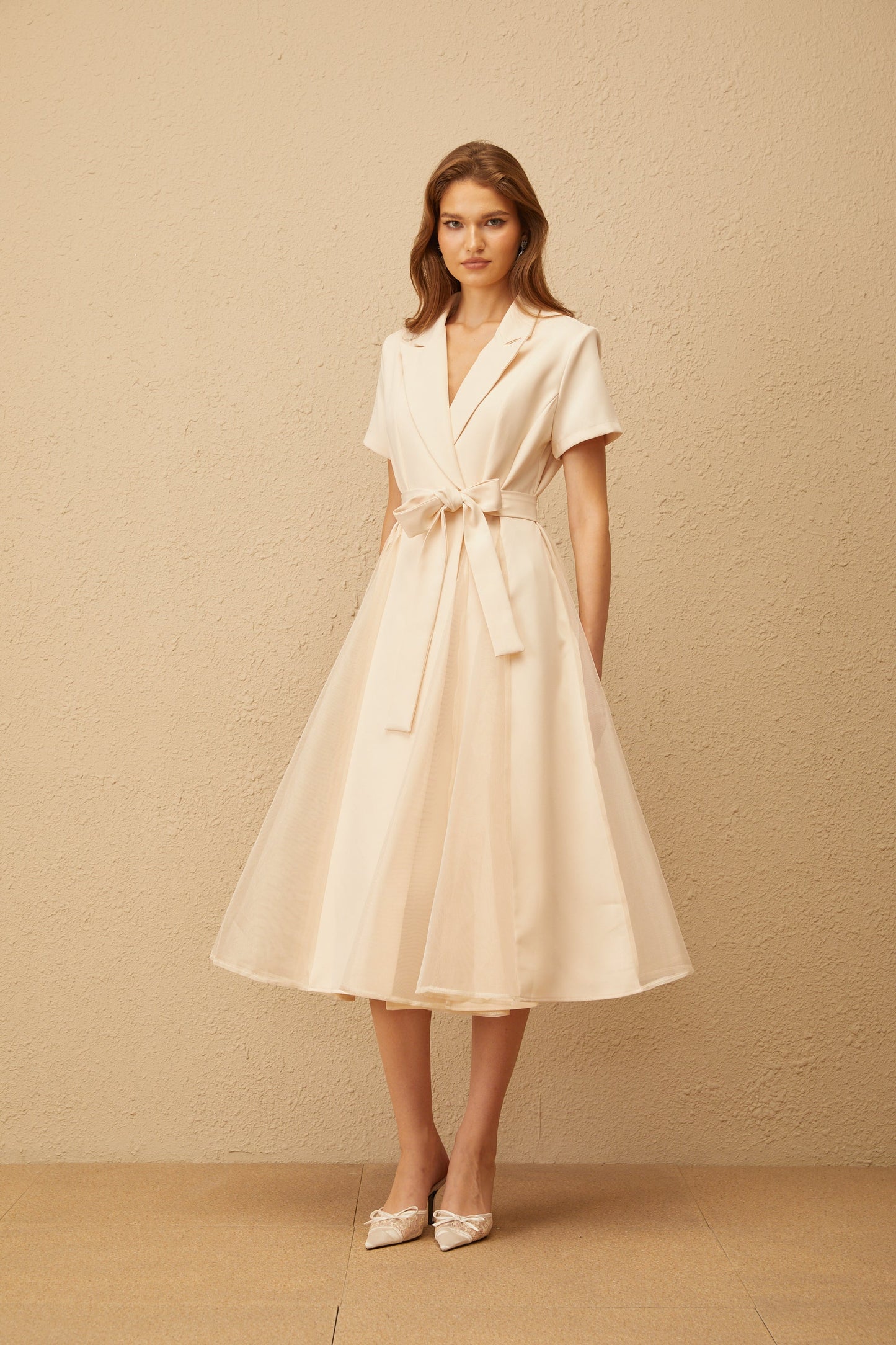 Aurore Neutral Tulle Panel Wraped Midi Dress