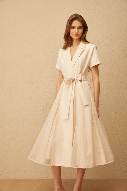 Aurore Neutral Tulle Panel Wraped Midi Dress