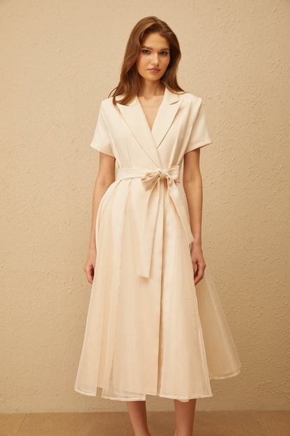 Aurore Neutral Tulle Panel Wraped Midi Dress