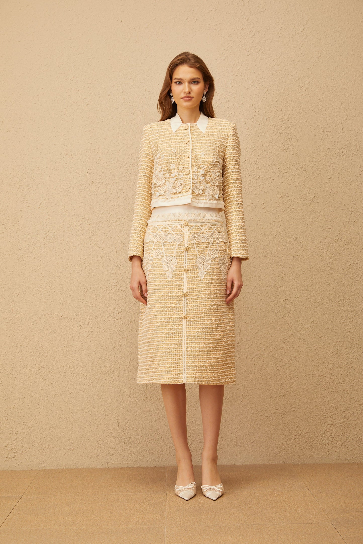 Catalina Neutral Floral Jacquard Tweed Jacket & Skirt Set