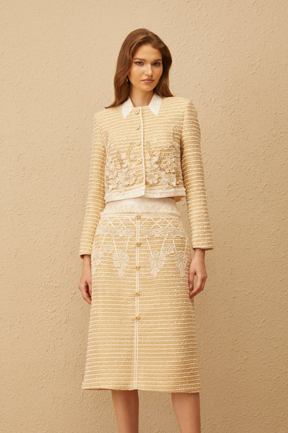 Catalina Neutral Floral Jacquard Tweed Jacket & Skirt Set