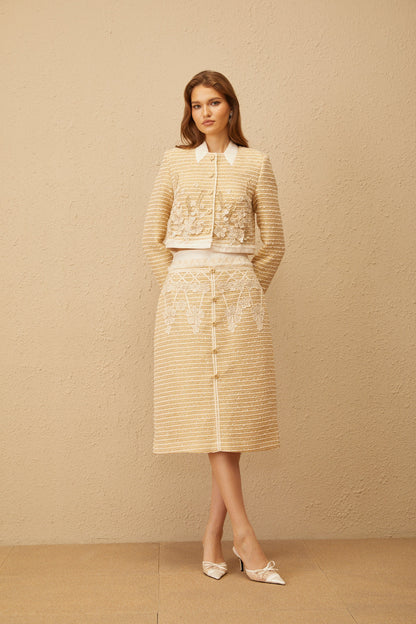 Catalina Neutral Floral Jacquard Tweed Jacket & Skirt Set