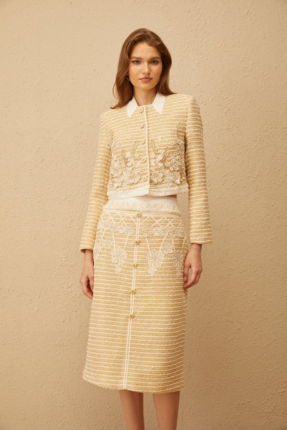 Catalina Neutral Floral Jacquard Tweed Jacket & Skirt Set