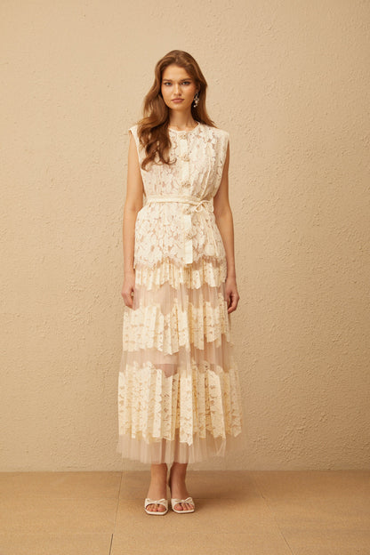 Odette Neutral Floral Lace Top & Skirt Set