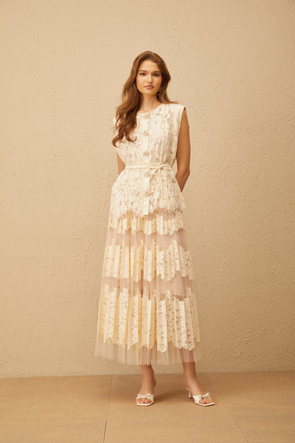 Odette Neutral Floral Lace Top & Skirt Set
