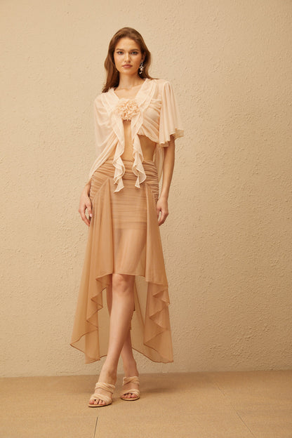 Zélie Neutral Ruched Ruffled Hem Midi Skirt