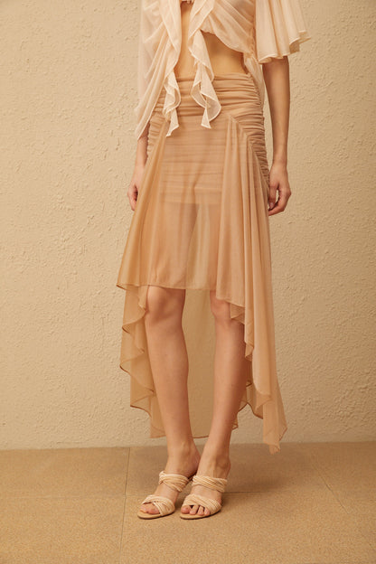 Zélie Neutral Ruched Ruffled Hem Midi Skirt