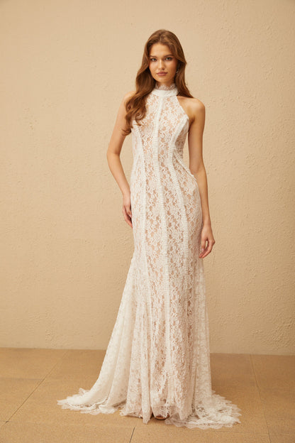 Gaëlle White Train Design Lace Maxi Dress