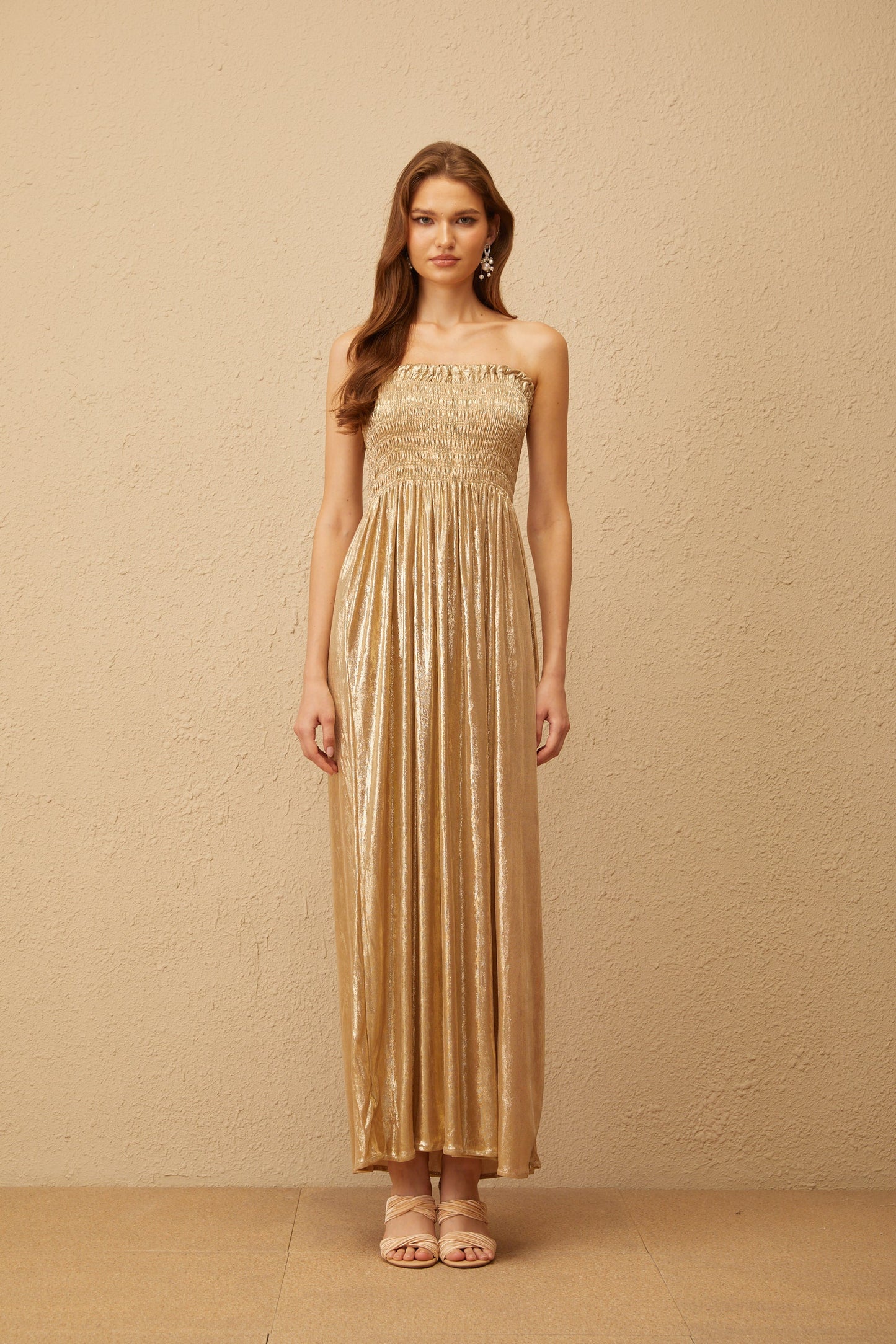 Tiphaine Gold Glossy Smocked Panel Midi Dress