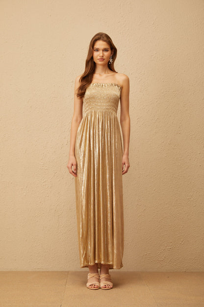 Tiphaine Gold Glossy Smocked Panel Midi Dress