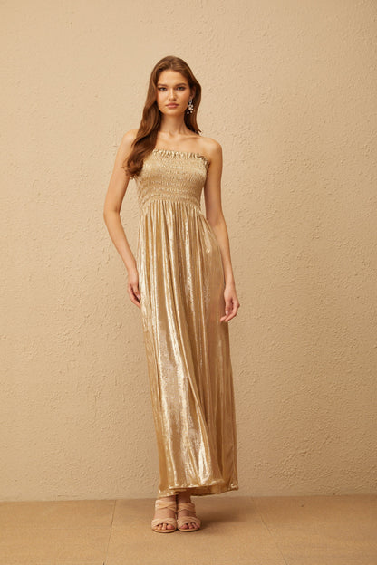 Tiphaine Gold Glossy Smocked Panel Midi Dress