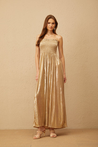 Tiphaine Gold Glossy Smocked Panel Midi Dress