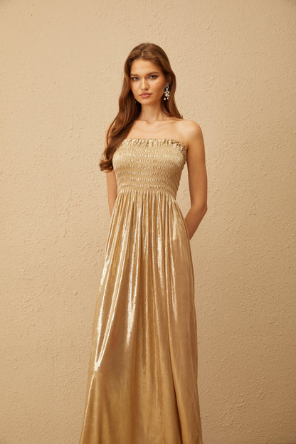 Tiphaine Gold Glossy Smocked Panel Midi Dress