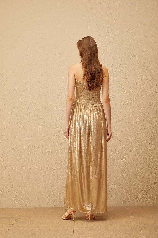 Tiphaine Gold Glossy Smocked Panel Midi Dress