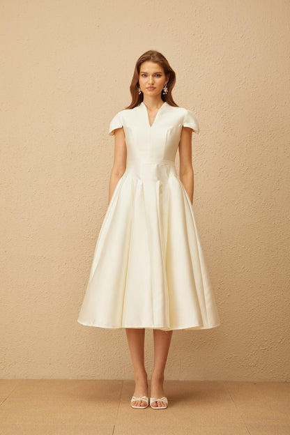 Aventin White Godet Design Midi Dress