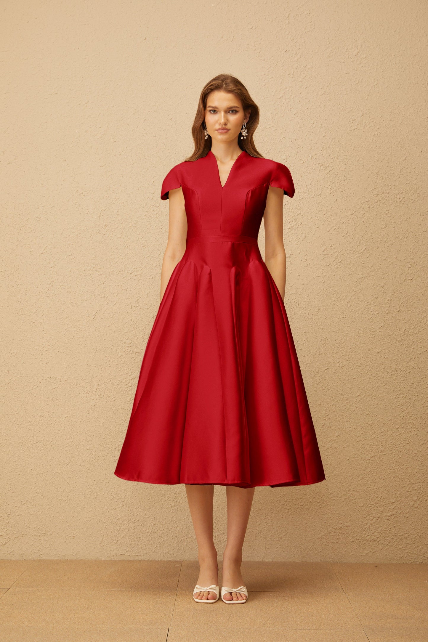 Aventin Red Godet Design Midi Dress