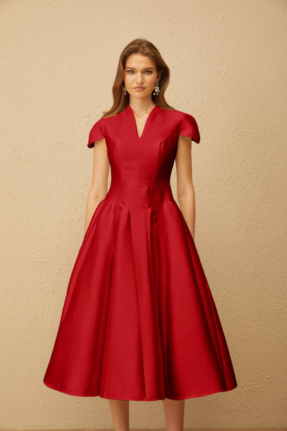 Aventin Red Godet Design Midi Dress