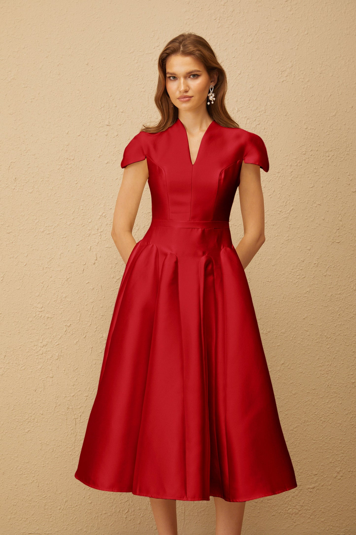 Aventin Red Godet Design Midi Dress