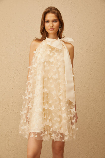 Brune Neutral 3D Butterfly Tulle Mini Dress