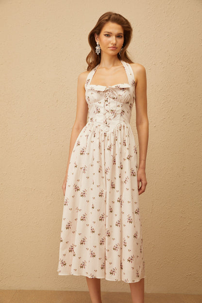 Eugénie White Polka Dot Floral Midi Dress