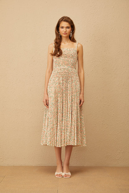 Marion Neutral Floral Print Pleated Midi Dress