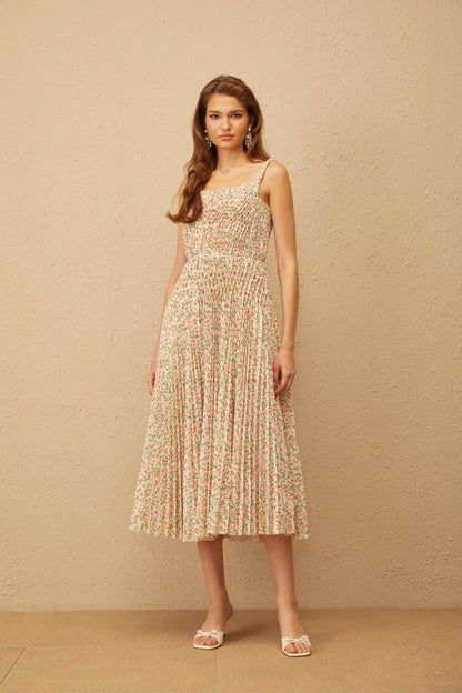 Marion Neutral Floral Print Pleated Midi Dress