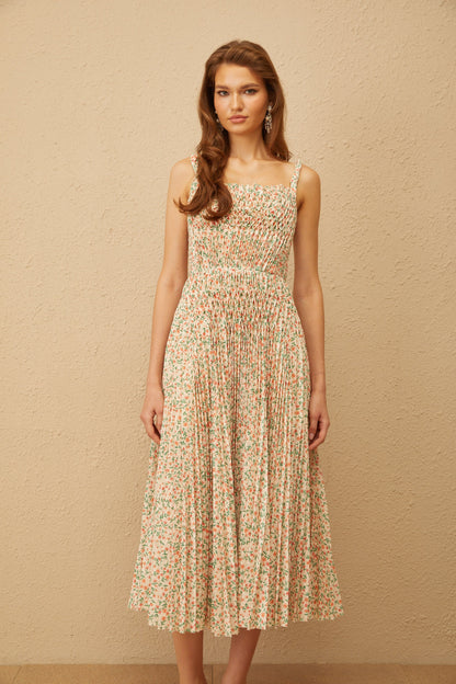 Marion Neutral Floral Print Pleated Midi Dress