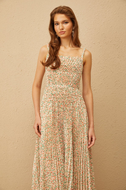 Marion Neutral Floral Print Pleated Midi Dress