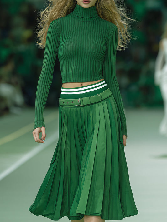 Fashionable And Vibrant Green Turtleneck Knitted Top Pleated Skirt Set