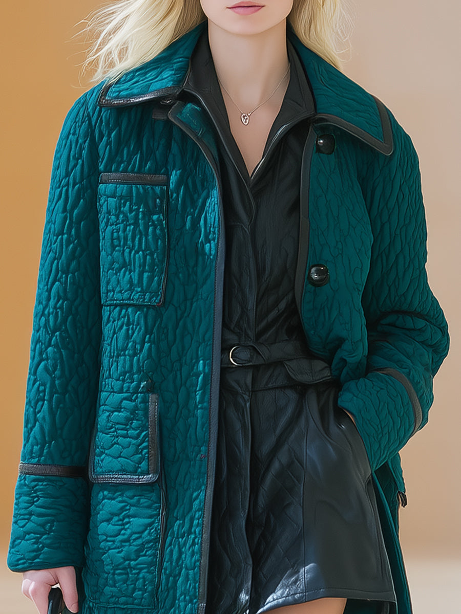 Fashionable Retro Black Trim Green Quilted Coat