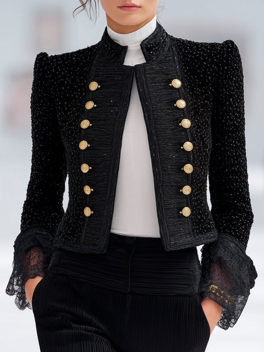 Designer Black Tweed Button-down Lace Jacket