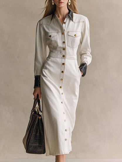 Fashionable And Elegant Leather-trimmed White Denim Button-down Maxi Dress