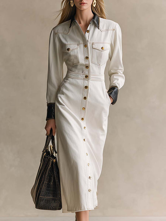 Fashionable And Elegant Leather-trimmed White Denim Button-down Maxi Dress