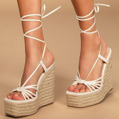 Fashion White Square Toe Lace-Up Espadrille Wedge Sandals with Knot