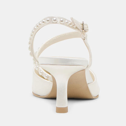 Elegant White Satin Pointed Toe Pearl Ankle Strap Wedding Heels