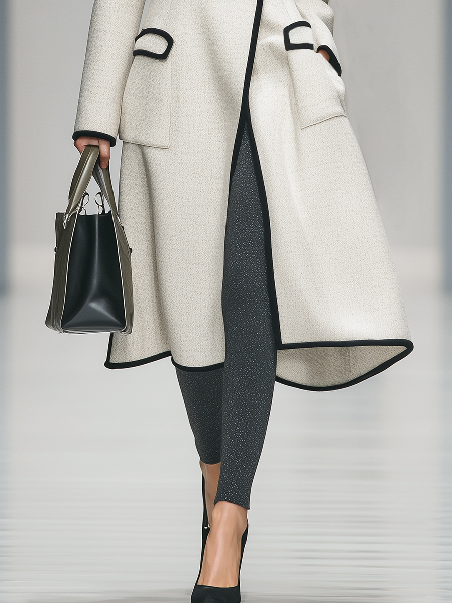 Elegant Retro Contrasting Color Edge Round Neck Long Sleeve Coat