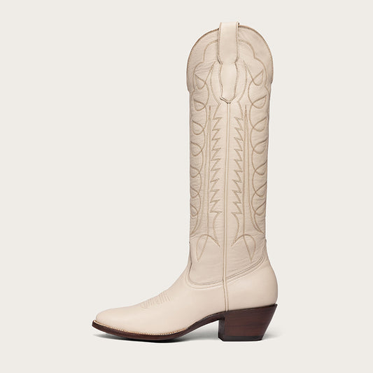 Beige Pointed Toe Block Heel Wide Calf Knee High Cowgirl Boots