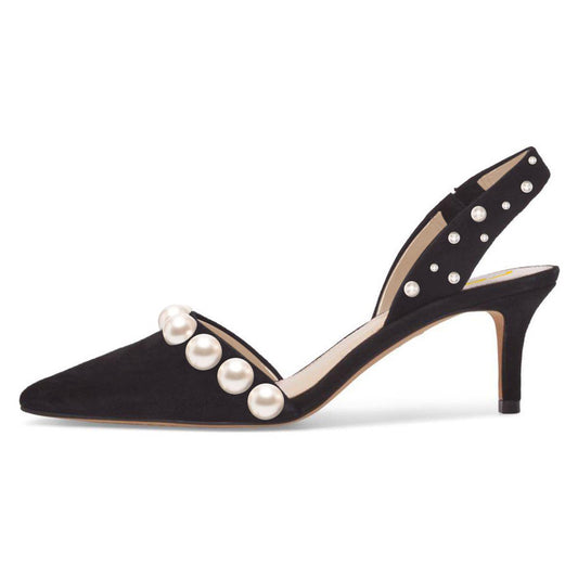 Elegant Black Vegan Suede Elastic Slingback Pumps Heels with Pearl