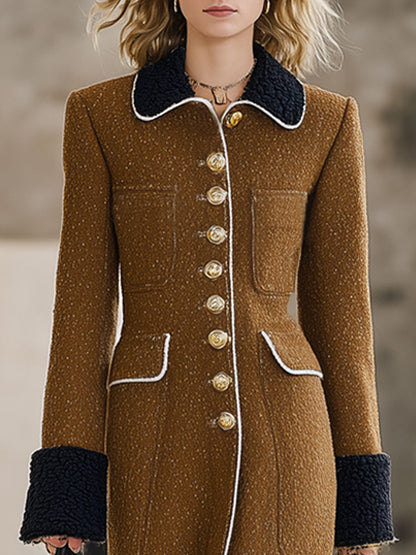Fashionable Loose Retro Black Polar Fleece Splicing Camel Wool Long Coat