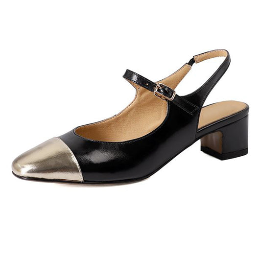 Gold & Black Closed Toe Chunky Heel Slingback Pumps