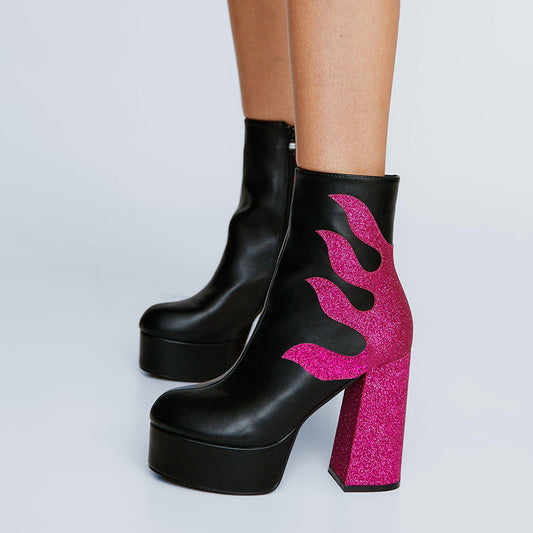 Fuchsia Glitter Splicing Chunky Heel Platform Black Ankle Boots