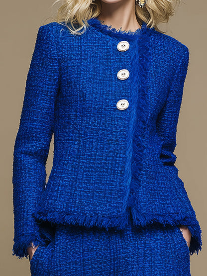 Elegant And Exquisite Oblique Collar Raw Edge Jacket Mid-length Skirt Royal Blue Tweed Set