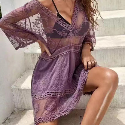 Lace Detail Plunge Cover-Up Dress/Bikini Cover Ups