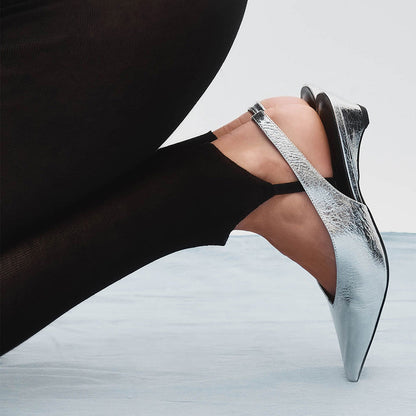 Fashion Slip-On Pointed Toe Kitten Heel Slingback Pumps in Silver
