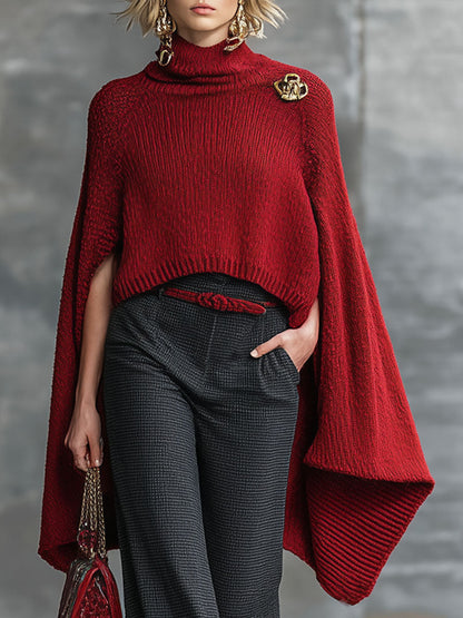 Fashion Retro Red Knitted Cape Sweater