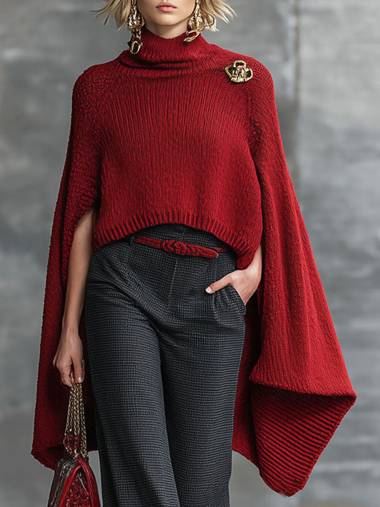 Fashion Retro Red Knitted Cape Sweater