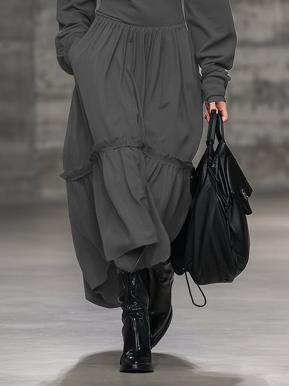 Fashionable Loose Sports Style Ruffle Lapel Gray Maxi Dress