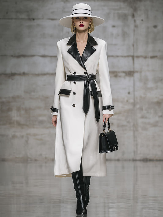 Elegant Urban Lapel White Stitching Faux Leather Mid-Length Coat