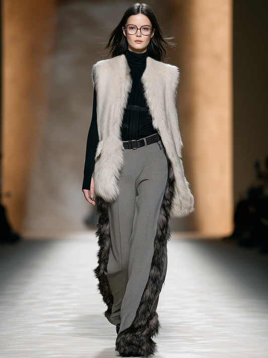 Fashionable Luxe Faux Fur Trim Gray Plaid Pants